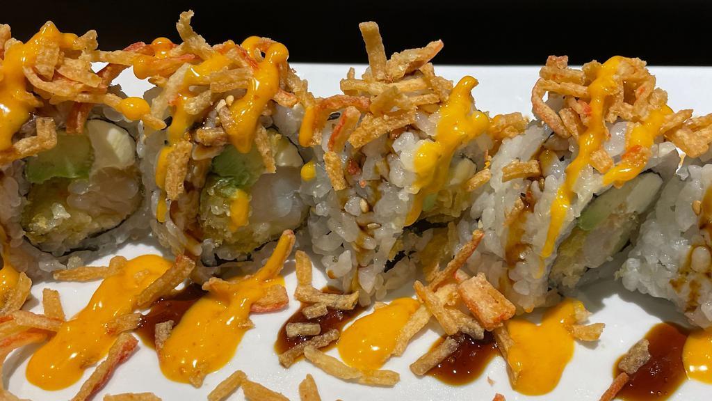 18 Hollywood Roll · shrimp tempura,avocado,creamcheese topped with crabmeat tempura,eel and spicy mayo  sauce