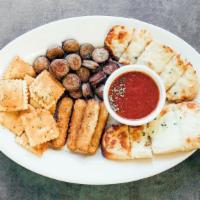 Sampler Platter · Spicy ravioli, beef ravioli, sausage, cheese toast and choice of fried eggplant or cheese st...
