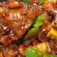 Beef With Garlic Sauce (Large) · Hot and spicy.