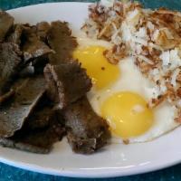 Gyro & Eggs · Served with a side of tzatziki sauce.