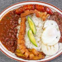 Bandeja Paisa · Big plate with chicharron (pork rind), grill meat, arepa, rice, beans, sausage, avocado, swe...