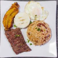 Calentado · Mixed of rice and red beans, sweet plantains, egg, arepa, and grill meat.