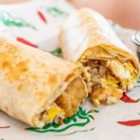 Machaca Burrito · Egg, shredded beef, cooked with green pepper and onion, cheese.