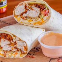 Rooster Wrap · Grilled or Fried Tenders rolled up in a fresh wrap with shredded lettuce, tomatoes and a ble...