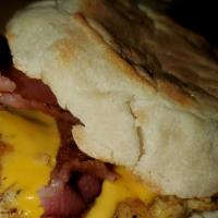 Bacon, Cheese, & Egg Sandwich · Applewood-smoked bacon, Cage-free egg, and melted cheese on a English Muffin.
