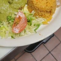 Enchiladas Verde O Roja Platillos · Stuffed with your choice of soy steak or soy chicken.