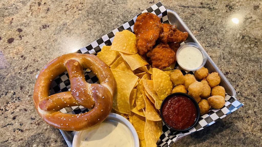 Sinners 4 Play · Half order pepper jack bites, half order chicken nuggs, 1 giant pretzel with full order of tortilla chips and white spinach queso dip. Choose 2 dipping sauces. House Ranch and Marinara are 2 popular choices!