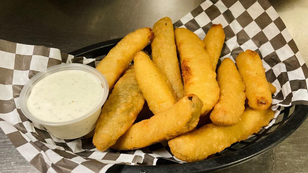 Fried Pickles · Breaded dill pickle spear fried crispy. Choose dipping sauce. House Ranch or Chipotle Ranch go excellent with this appetizer!