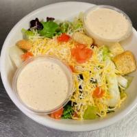 House Side Salad · Mixed greens, tomatoes, shredded cheddar-jack, croutons and choice of dressing. Add chicken ...