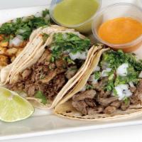 Tacos · Your choice of meat, served with onion, cilantro, mild or hot salsa (limit two choices of me...