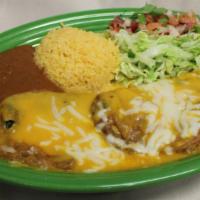 Chile Relleno Platter · Two grilled poblano pepper stuffed with cheese or ground beef dipped in a fluffy egg batter,...