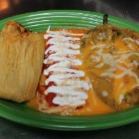 3 Amigos Combination · A very Mexican combination of one pork tamal, one chile relleno stuffed with cheese, and one...