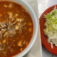 Pozole Soup · Pork with hominy soup. Served with chopped onion, cilantro, radish, and lettuce.