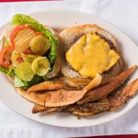 Cheese Burger · 10oz of ground beef brisket, cheese, lettuce, tomato, pickles, onions, mayo.  Served with fr...