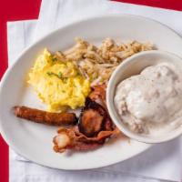 Simply Breakfast Sampler · Eggs, bacon, sausage, ham, hash browns, grits, sausage biscuit and gravy.