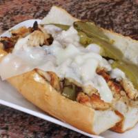 Chicken Philly Cheese · Fresh Grilled Chicken Chopped up with Dimitri Spices, Grilled Onions, Green Peppers, Mozzare...