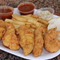 3 Piece Chicken Tenders · fresh and fried chicken tenders comes with bread fries and  with BBQ Sauce on the side
(The ...