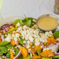 Spinach Salad · Vegetarian. Gluten free. Baby spinach leaves, red onions, mandarin oranges, crumbled goat ch...