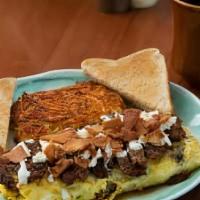Greek Omelette · Mushrooms, spinach, zucchini, green peppers, and onions. Topped with gyro meat, feta cheese,...