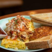 Chicken Fajita Omelette · Grilled chicken, sauteed onions and peppers, pico and cheese served with a side of salsa and...
