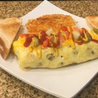 Bacon Cheeseburger Omelette · Black angus beef, bacon, tomato, onion, topped with pickles, ketchup, and mustard.  Served w...