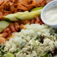 Buffalo Chicken Salad · Spicy. Mixed greens, grilled chicken tossed in buffalo sauce, tomatoes, onions, bleu cheese ...