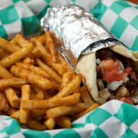 Gyro · Marinated hand cut gyro meat. Wrapped in pita bread with tomatoes, onions, and gyro dressing...