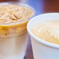 Latte · 1 shot of espresso (8oz and 12oz) or 2 shots (16oz) with  steamed (or iced) milk--add flavor...