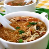 Hot And Sour Soup (16Oz) · (Spicy) Egg drop, bamboo shoot, ear fungus, tofu slices