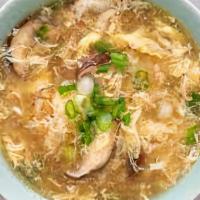 Egg Drop Soup (16Oz) · a Chinese soup of wispy beaten eggs in broth