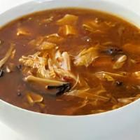 Hot And Sour Soup (32Oz) · (Spicy) Egg drop, bamboo shoot, ear fungus, tofu slices