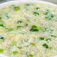 Egg Drop Soup (32Oz) · a Chinese soup of wispy beaten eggs in broth
