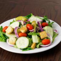 Italian Table Salad · Romaine lettuce, grape tomatoes, red onion, cucumber, pepperoncini, and croutons. Add chicke...
