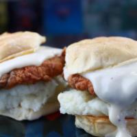 Hello Darlin' · Two hand breaded slider patties served over mashed potatoes and topped with gravy- stacked o...