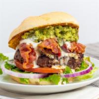 The Black & Bleu (Full Size) · Blackened beef patty with bacon, lettuce, tomato, red onion, avocado, bleu cheese crumbles, ...
