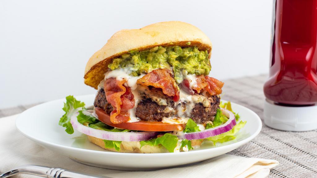 The Black & Bleu (Full Size) · Blackened beef patty with bacon, lettuce, tomato, red onion, avocado, bleu cheese crumbles, and bleu cheese dressing.