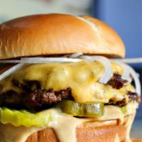 Double Stacked Diner Burger (Full Size) · Two fresh ground bacon beef patties, smashed and seared on the flat top. Covered with melted...