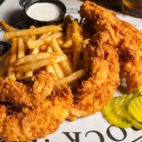 Chicken Tender Basket · House-made. Fried crispy. served with fries and choice of dipping sauce.