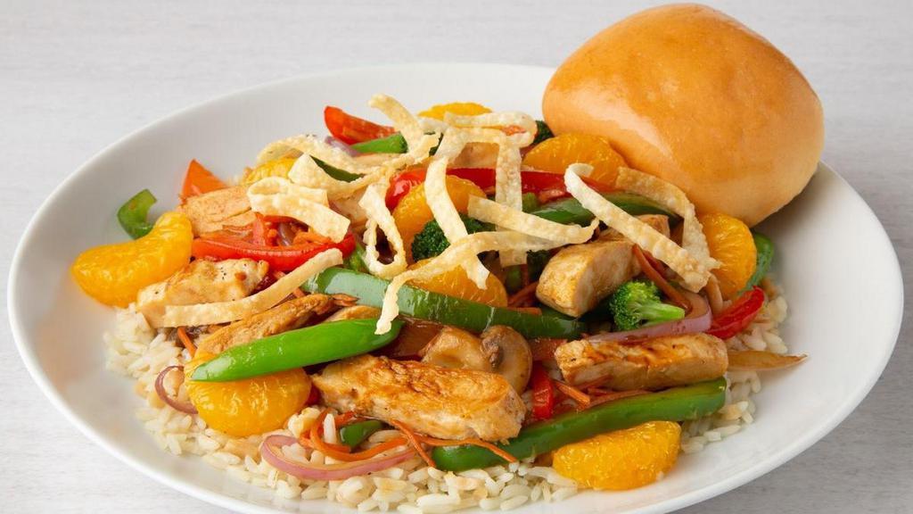 Asian Chicken Stir-Fry · Grilled chicken breast sauteed in teriyaki sauce with broccoli, carrots, mushrooms, pea pods, red and green peppers, red onions, mandarin oranges and wonton crisps on rice pilaf. (Serves 4).