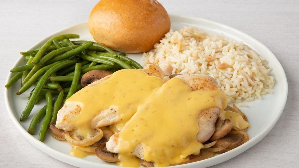 Honey Mustard Chicken · Grilled chicken breast topped with honey mustard . sauce, sautéed mushrooms and onions. . Choice of two sides