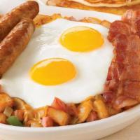 Ultimate Skillet* · Two bacon strips, two sausage links, ham, mushrooms, green peppers, tomatoes, onions and mel...