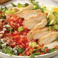 Cobb Salad · Grilled chicken breast, bacon, hard-boiled egg, tomatoes, avocado and bleu cheese on mixed g...