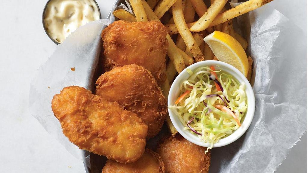 Fish & Chips · Golden-battered cod with tartar sauce and french . fries. Choice of one side.