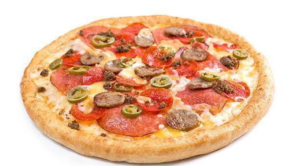 Midnight Express · Sarpino's traditional pan pizza baked to perfection and topped with our famous pizza sauce, spicy ground beef, freshly sliced salami and pepperoni, spicy Italian sausage, jalapenos, red chili peppers and our signature gourmet cheese blend.