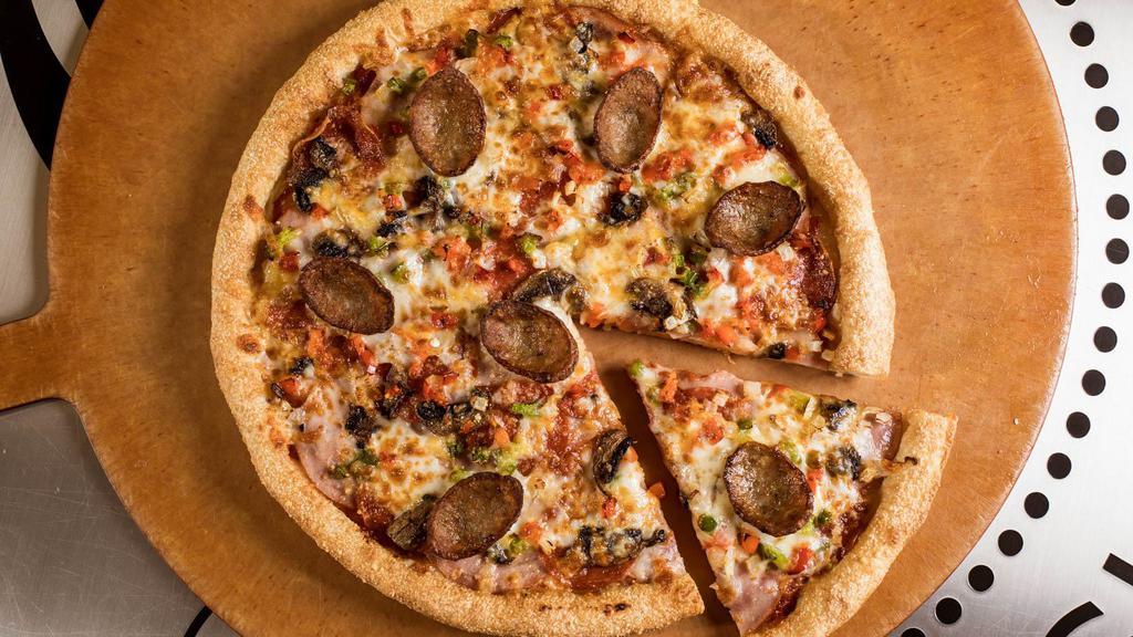 Classico Italiano Pizza · Pepperoni, Italian sausage, Canadian bacon, onions, mushrooms, red and green peppers, Parmesan and gourmet cheese blend. Served with your choice of dipping sauce.