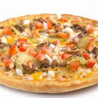 Bacon Cheeseburger Pizza · Crispy bacon, lean ground beef, onions, pickles, tomatoes with cheddar and Sarpino's gourmet...