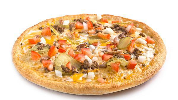 Bacon Cheeseburger Pizza · Crispy bacon, lean ground beef, onions, pickles, tomatoes with cheddar and Sarpino's gourmet cheese blend.