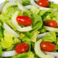 Green Salad · Fresh tomatoes, onions, green peppers and cucumbers on a bed of crisp romaine lettuce.