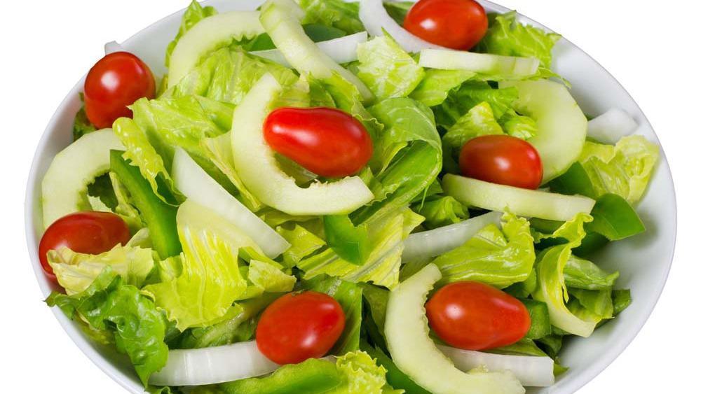 Greek Salad · Tomatoes, onions, green peppers, cucumbers, feta cheese, kalamata olives and oregano on romaine lettuce.