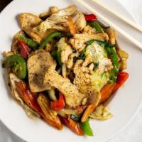 Thai Spicy Basil · Spicy. Stir-fried with ginger, carrot, onion, green onion, straw mushrooms, bell pepper, and...